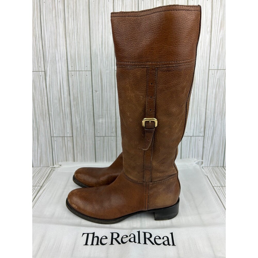 Vintage Prada Brown Leather Riding Boots Gold Buckles Women's Size 38 / US 7.5/8